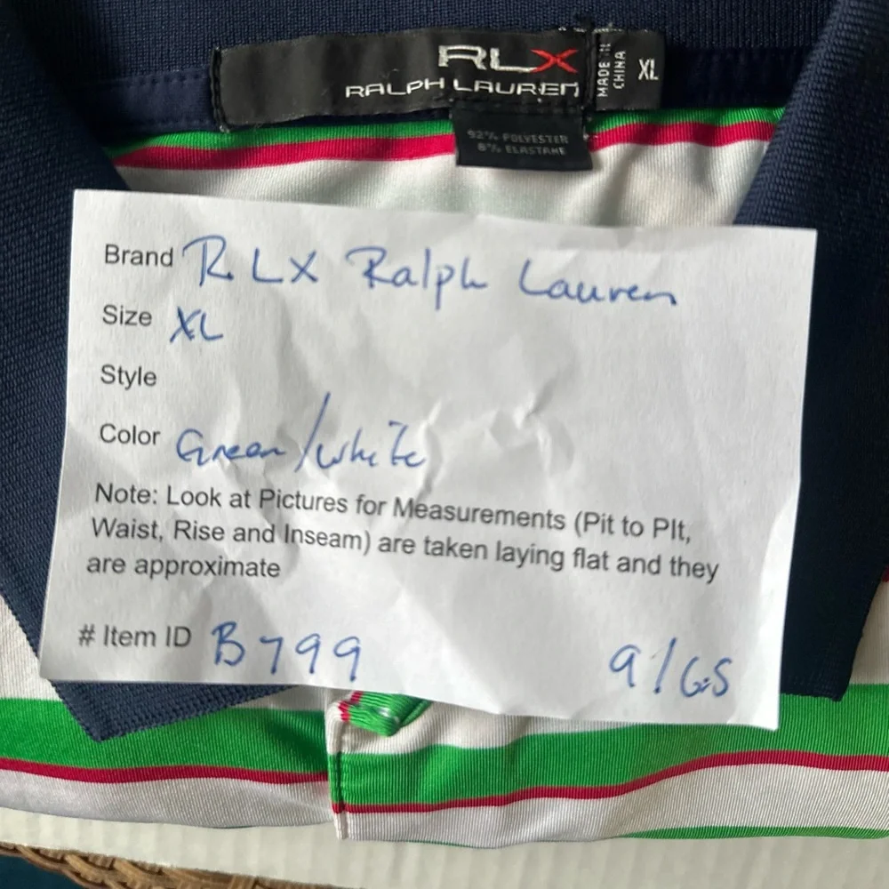 Ralph Lauren RLX Polos Mens XL Green White Striped Short Sleeve Performance Golf